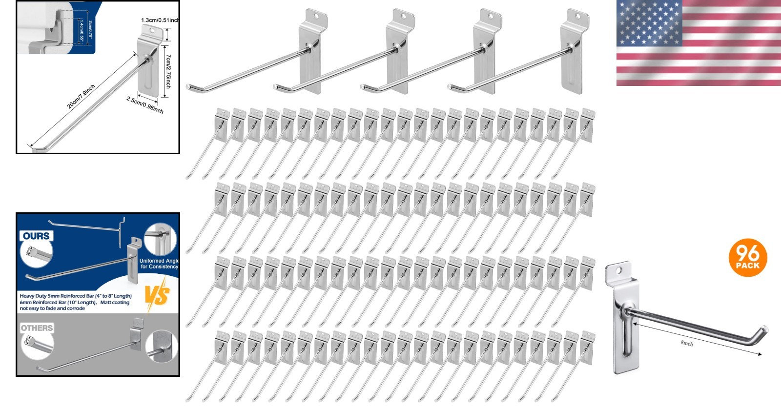 96-Pack 8" Slatwall Panel Hooks, Silver