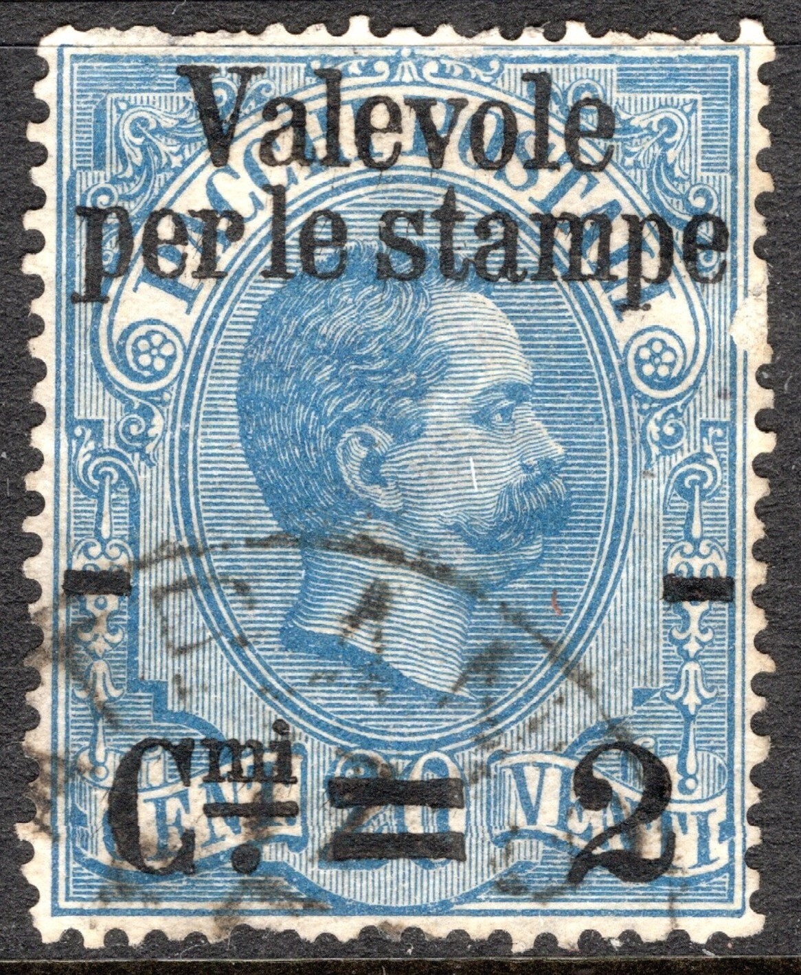 Italy Stamp Scott #59, 2c on 20c, Overprint, Blue, 1890, Used, SCV$7.00