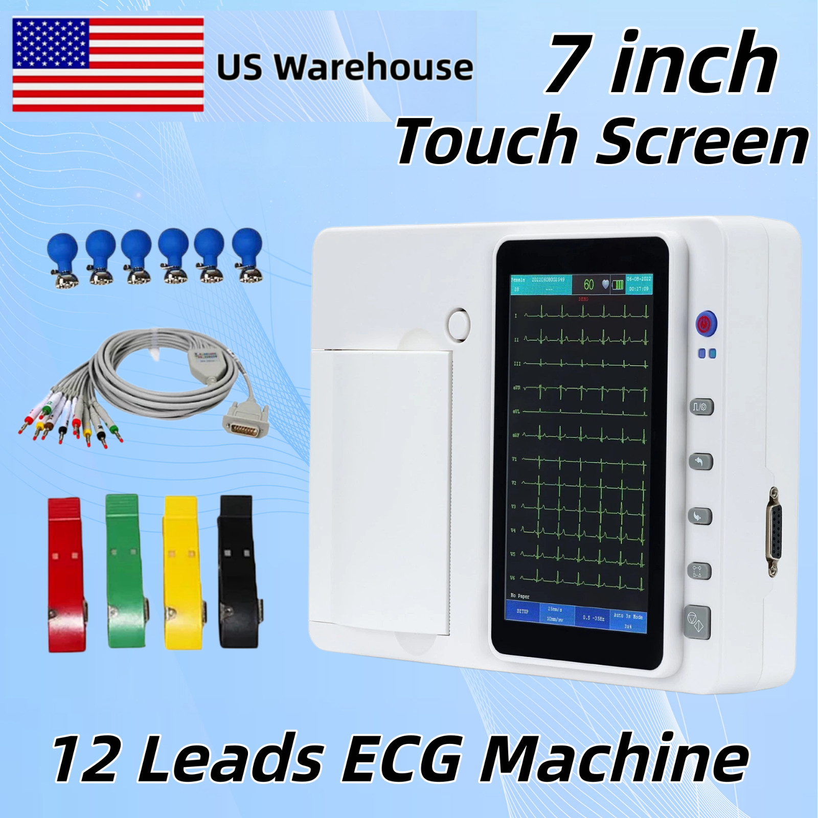7 Inch Touch Screen  3 Channels 12 Leads  ECG EKG Machine Electrocardiograph