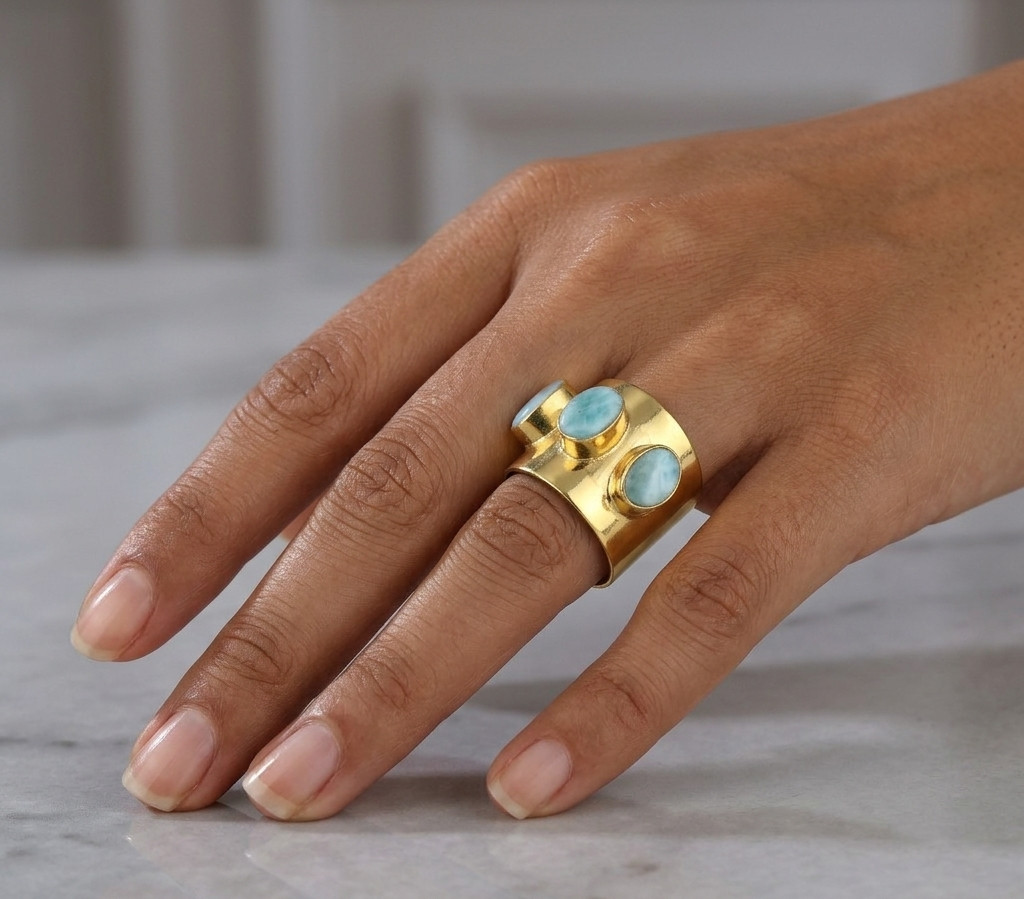 Natural Larimar Ring 18k Gold Plated Brass Three Stone Adjustable Cuff Jewelry