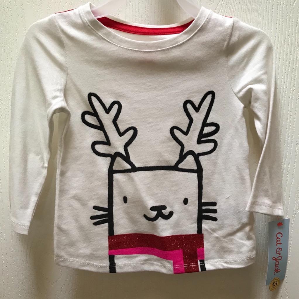 Christmas Any-Day Reindeer Cat Baby Girl Cream T-Shirt Blouse 12 mo Cat Jack NWT