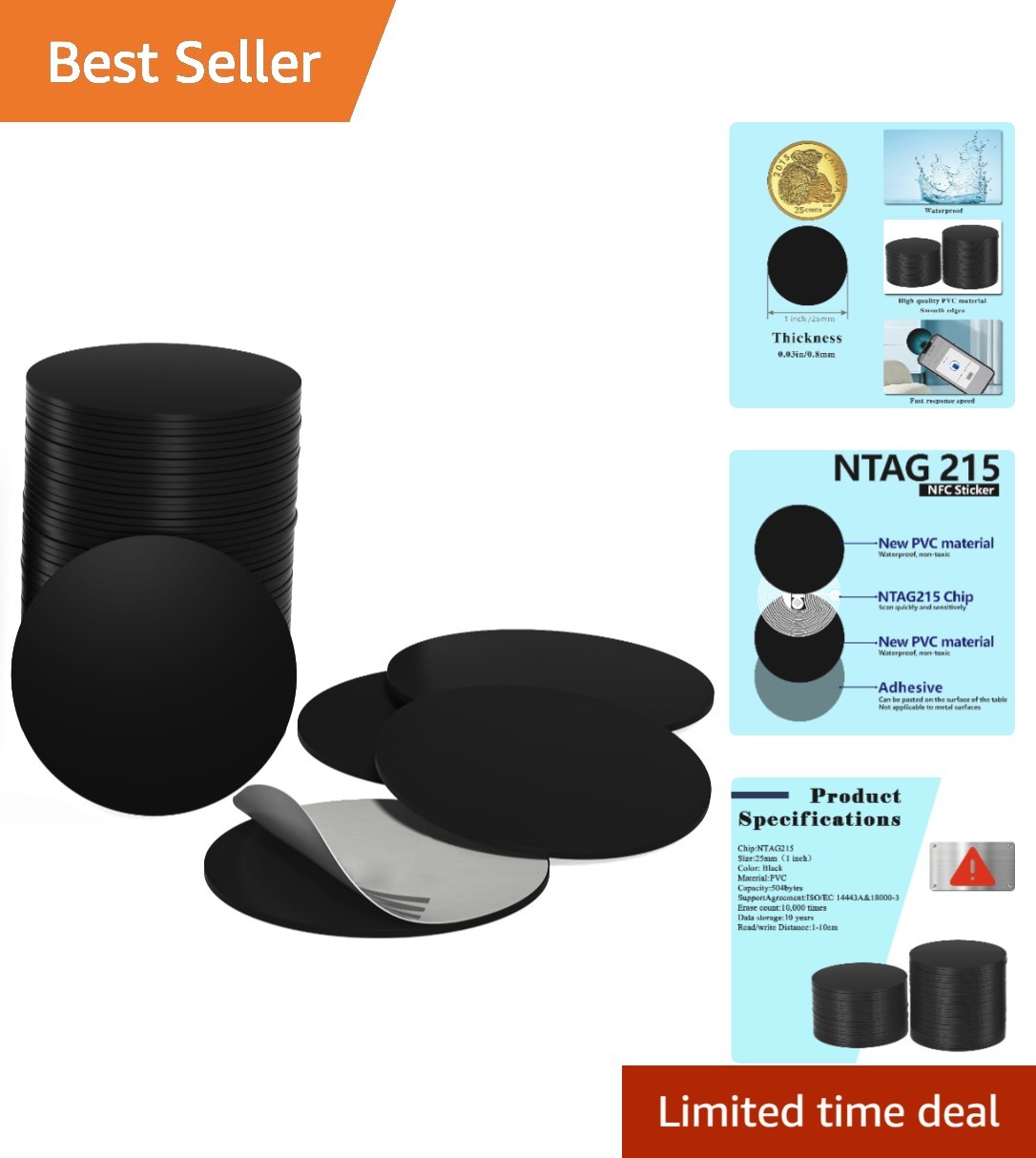 10pcs NTAG215 Black NFC Tags - Waterproof and Rewritable for Easy Connectivity