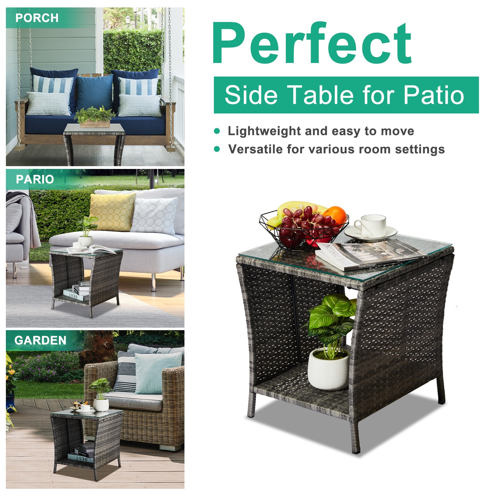 Outdoor Grey Wicker Side Table Rattan Square Side Table Courtyard Coffee Bistro