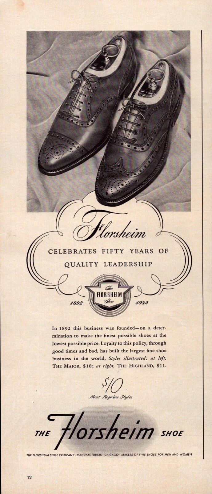1942 Florsheim Shoe Men's Shoes Vintage Print Ad WWII Major Highland