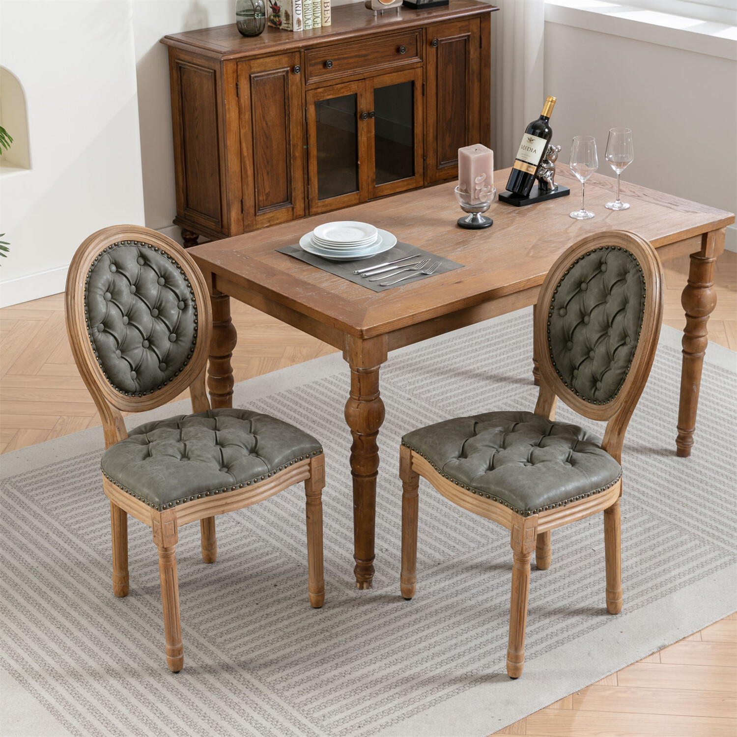 Set of 2 Wood Dining Chair PU Upholstered Kitchen Dining Chair with Wood Legs