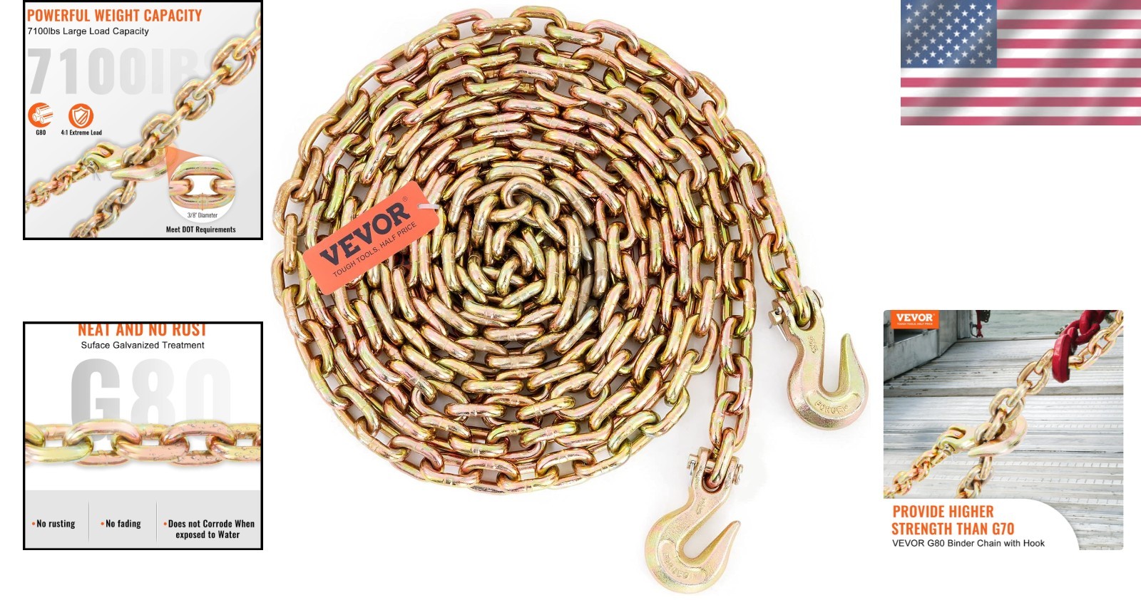 Secure 3/8'' x 20' G80 Logging Chain with Grab Hooks – Reliable for Transporting