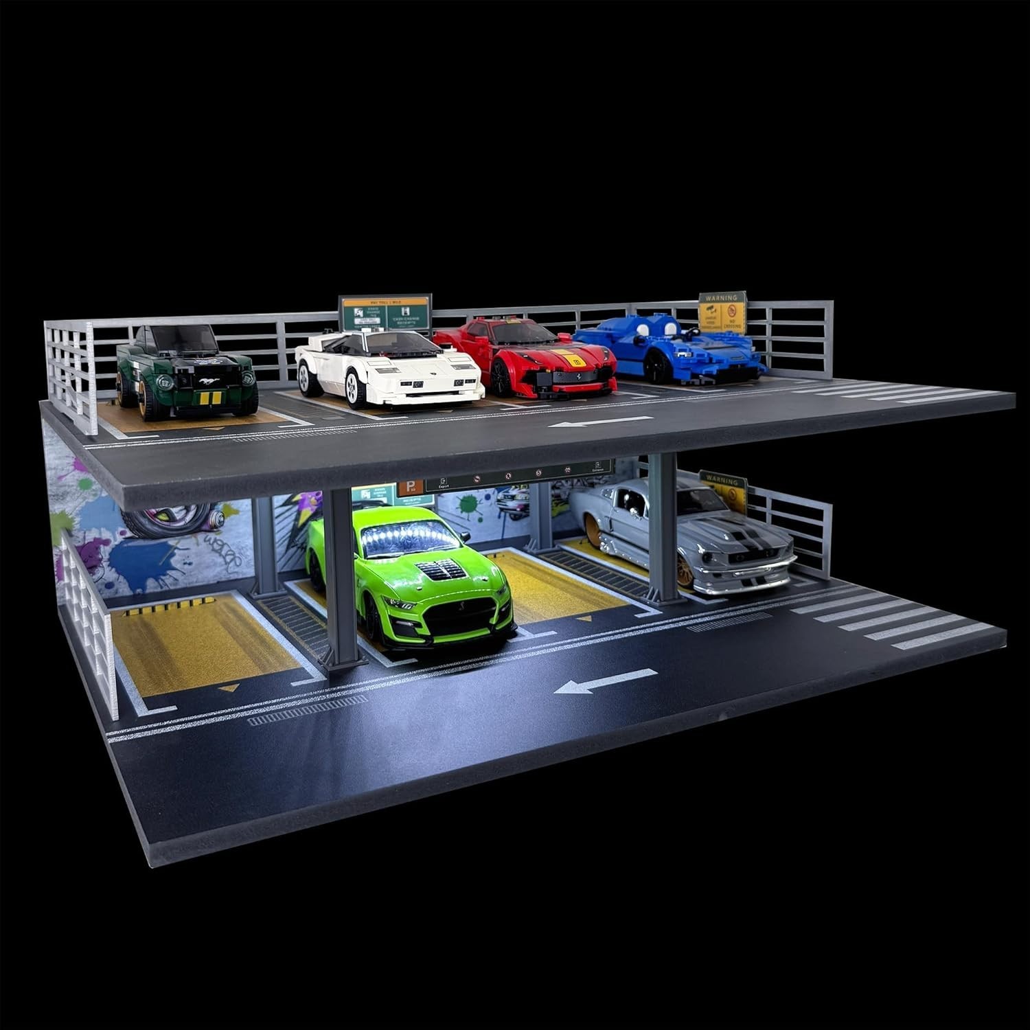 Car Display Case 8 Slot LED Light 1/24 Model Diecast Parking Lot Garage Diorama