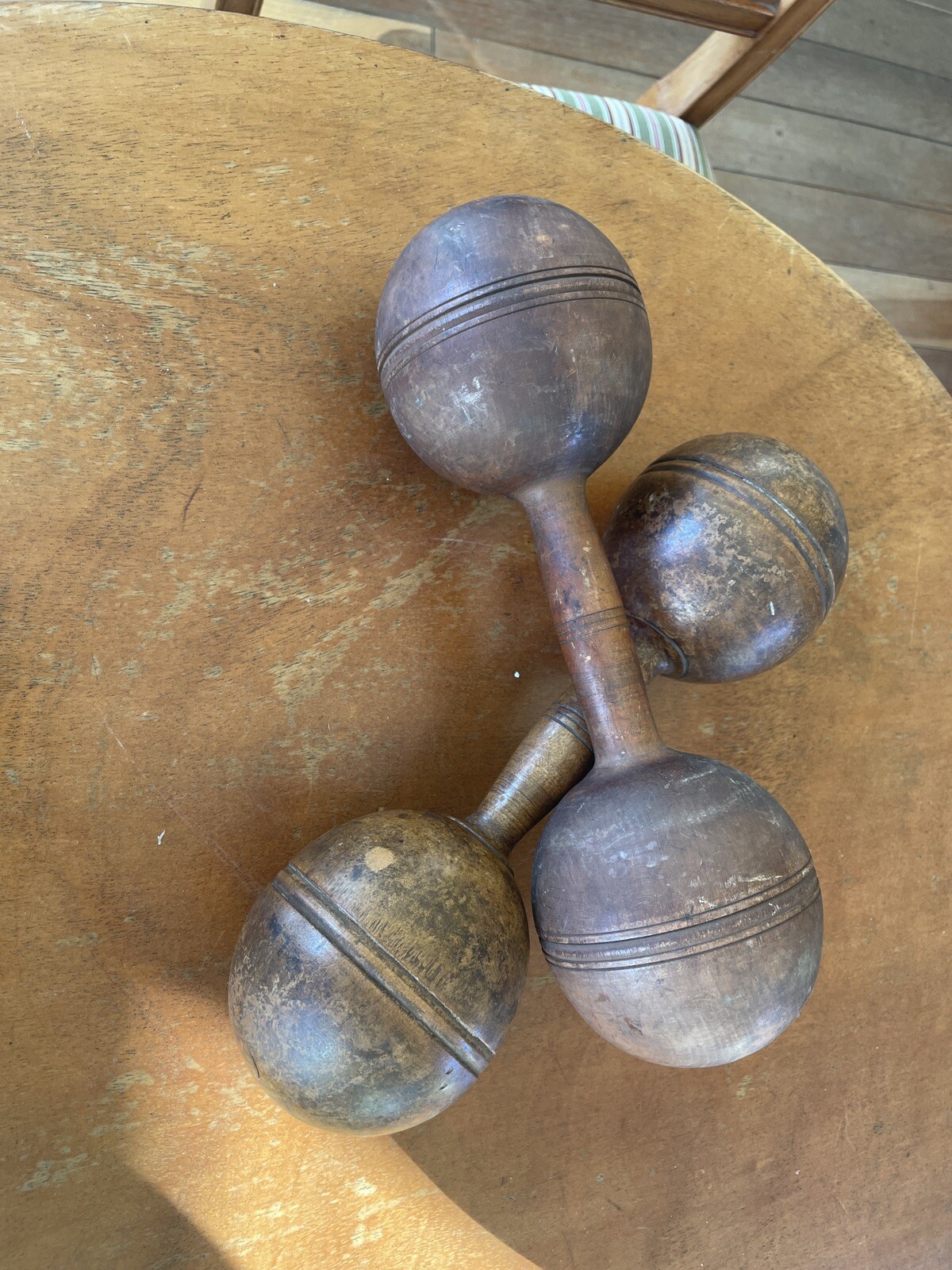 Matched Vintage Pair of Wooden Exercise Wood Dumb Bell Hand Weights