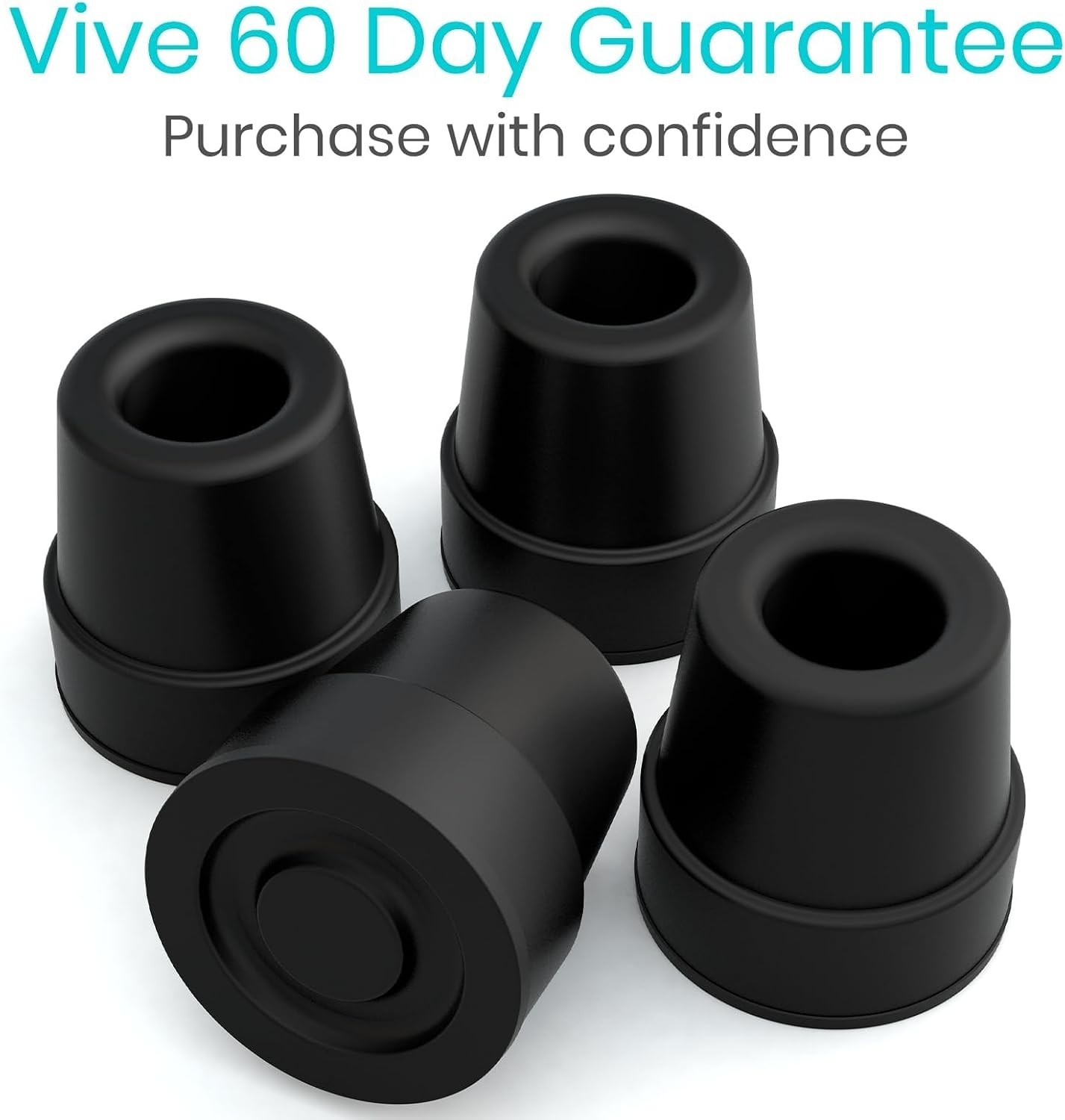 Quad Cane Tips - Heavy Duty 1/2 Inch Replacement Rubber Foot - Black (4 Pack)