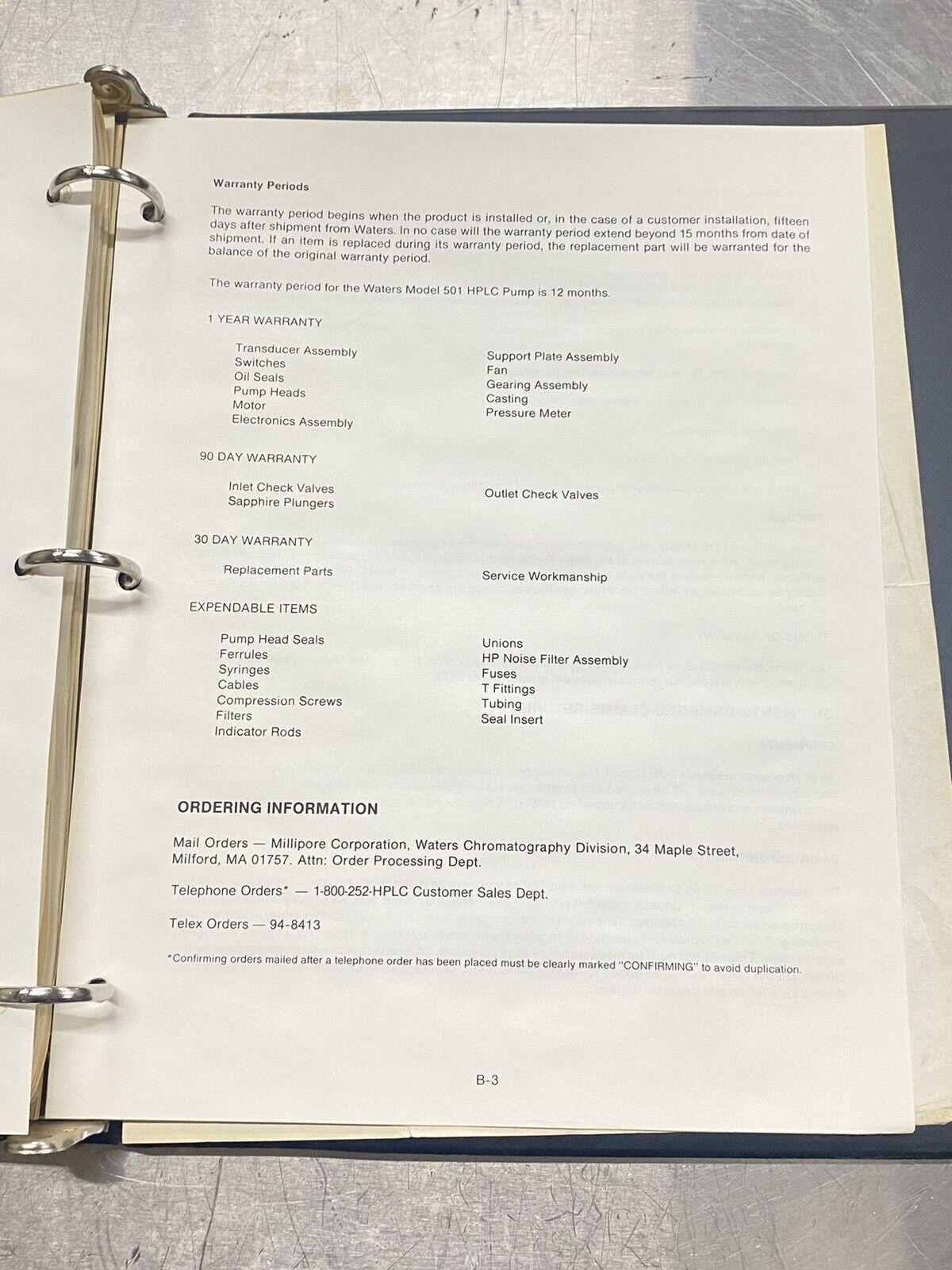 Waters 501 Solvent Delivery System - Users Guide / Instructions Manual