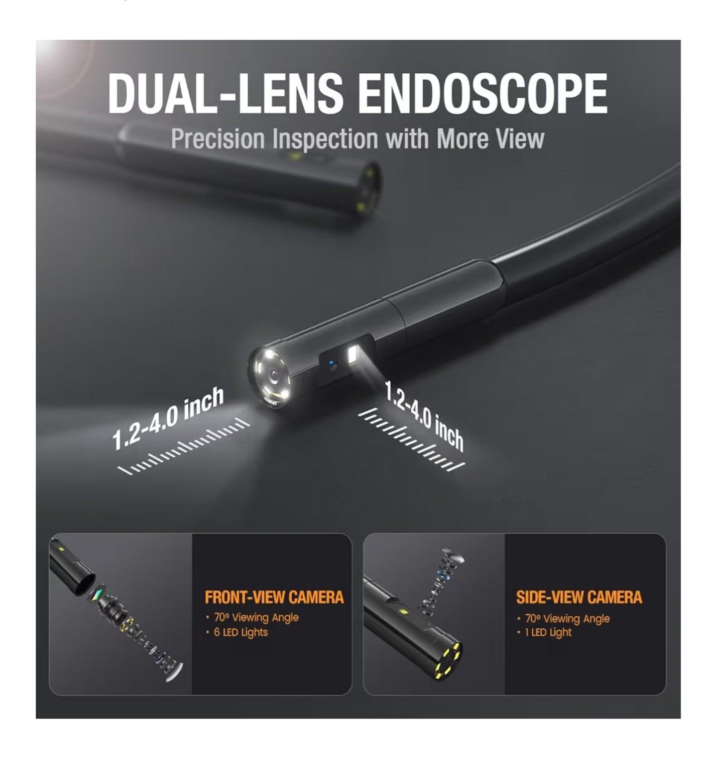 Dual Lens Endoscope Camera w Light, Teslong 4.5" HD Borescope (16.5FT)