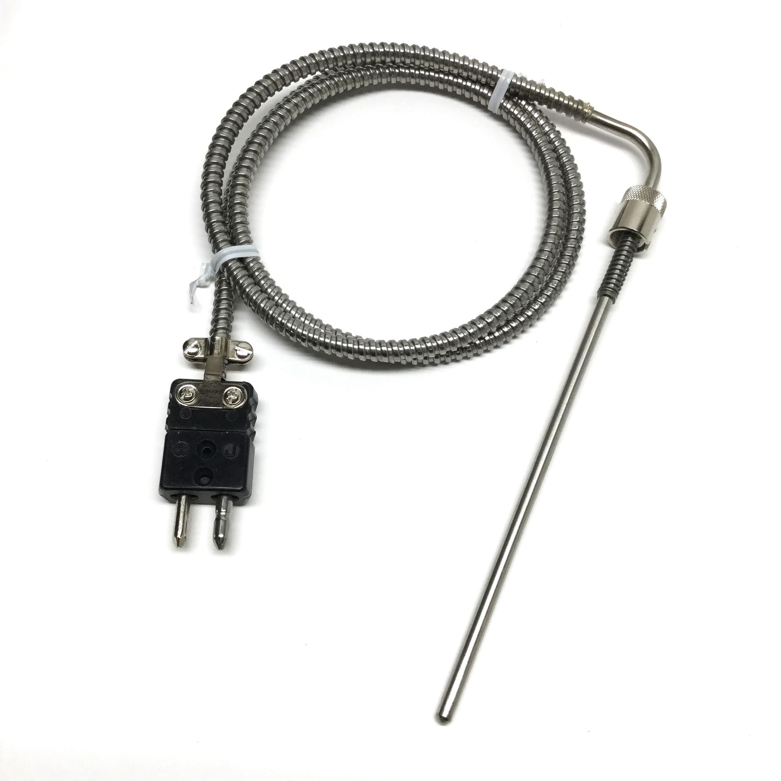 Midwest 90° Rigid Sheath Bayonet Thermocouple, SS Hose, Type J, 7" x Ø3/16"