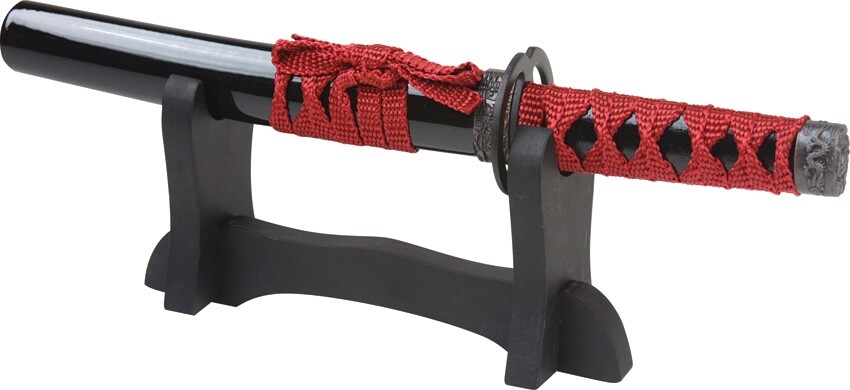Mini Oriental Sword With 4¼" Stainless Steel Blade Wrapped Handle Stand Scabbard