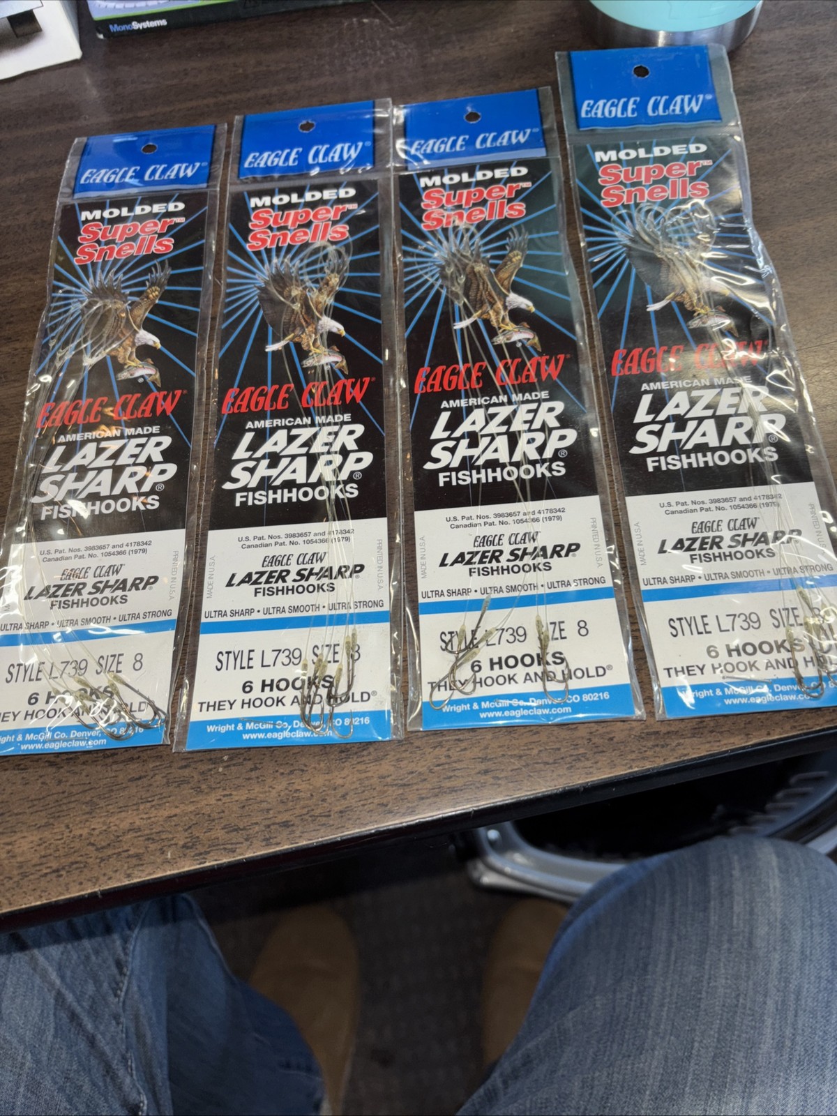 4 PACKS Eagle Claw Lazer Sharp Freshwater Size 8 Super Snell Worm Hook 6 Count