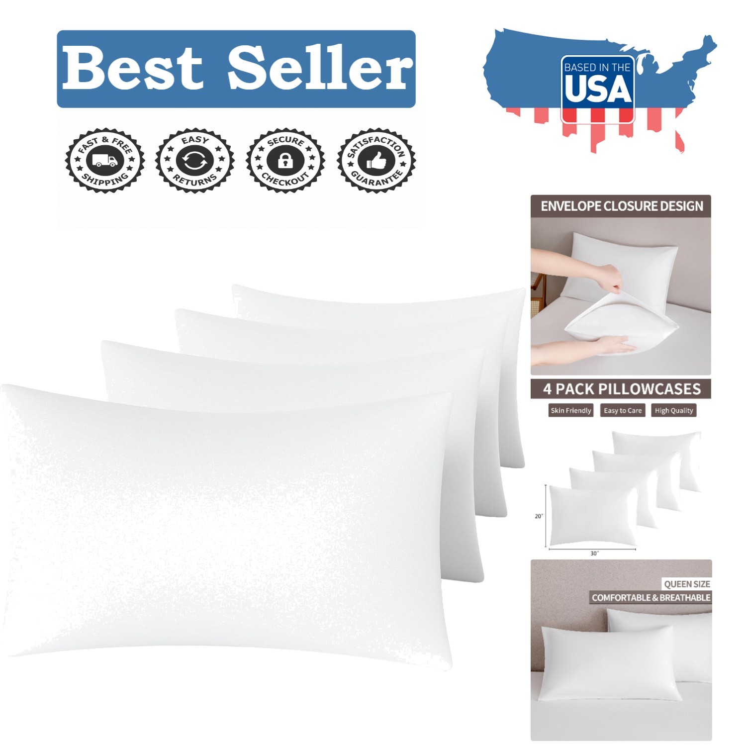 Set of 4 Super Soft White Pillow Cases for Queen Size - Breathable & Durable