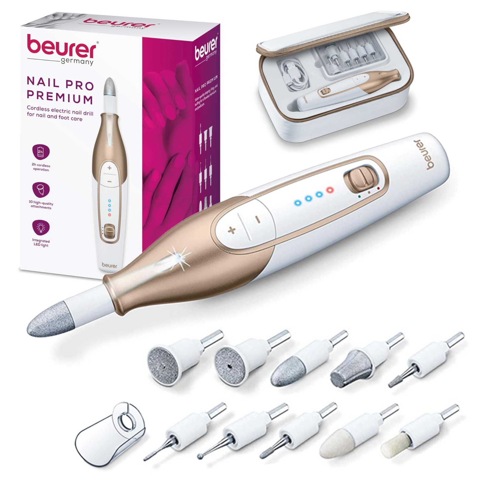 Beurer MP64 Nail Drill Kit, Cordless Electric Nail File with 10 Attachments a...