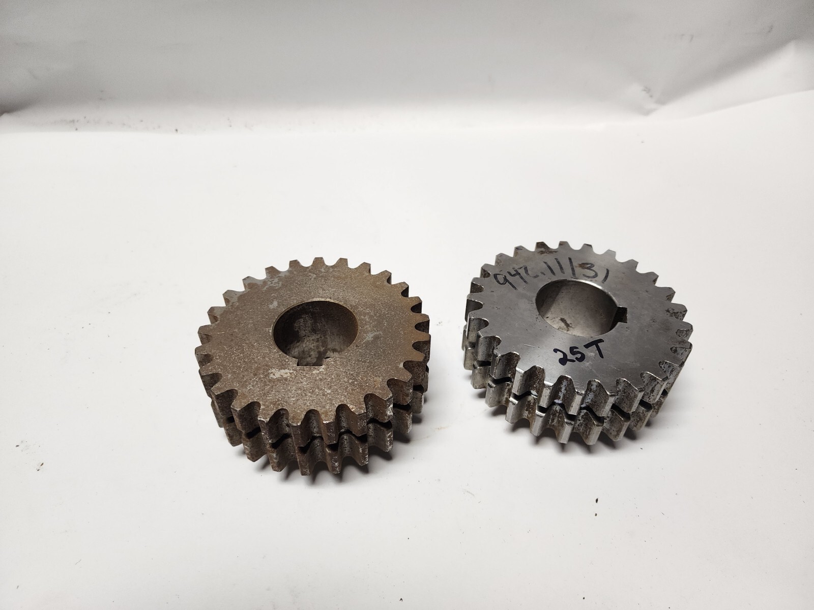 Pair of Unbranded Spur Gears 25 Tooth 1-3/8" Bore. One is Stamped MRP 942.11/31