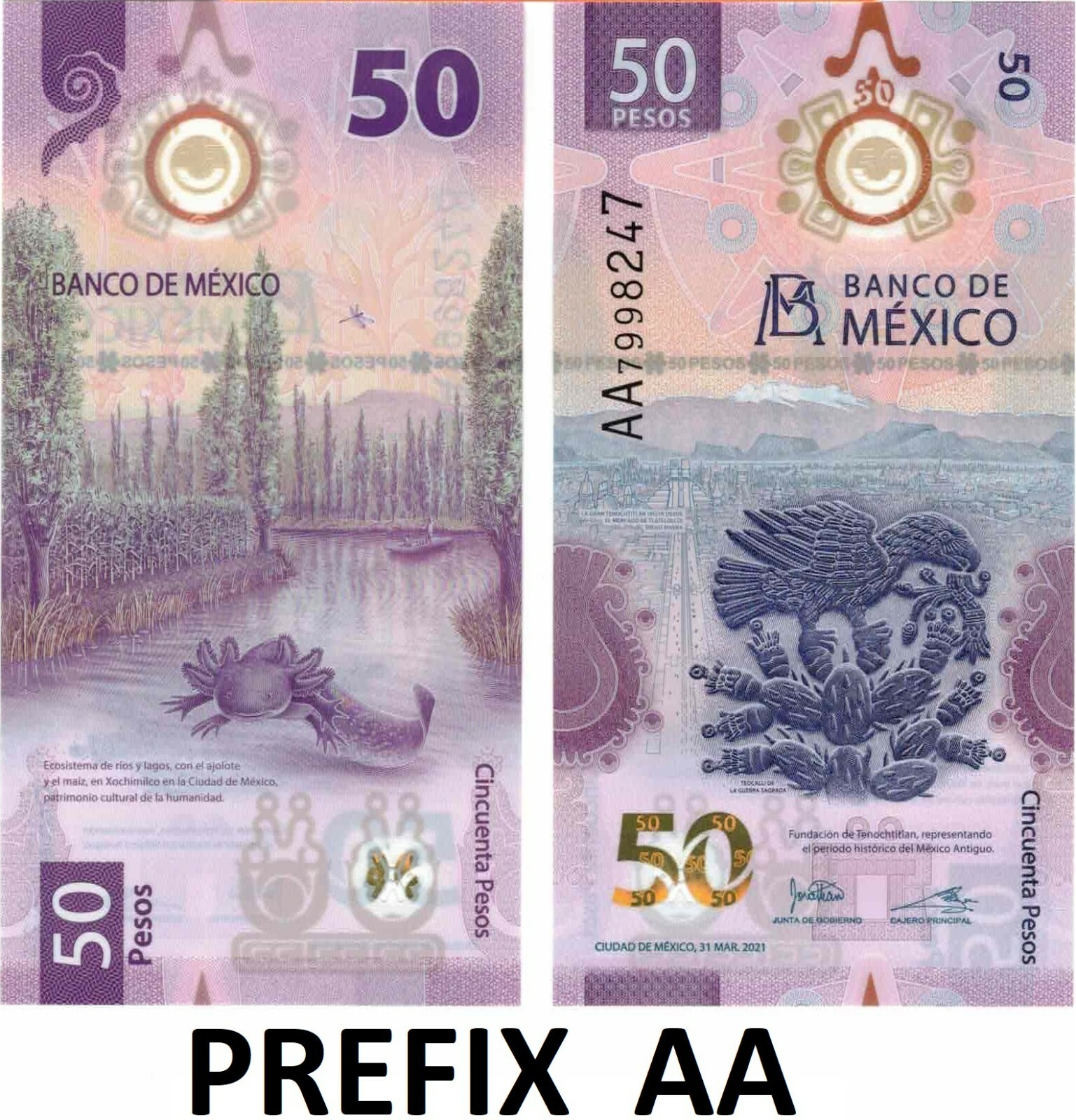 50 PESOS BILL MEXICO BILLETE UNCIRCULATED - PREFIX AA -BILLETE DE 50 PESOS AA