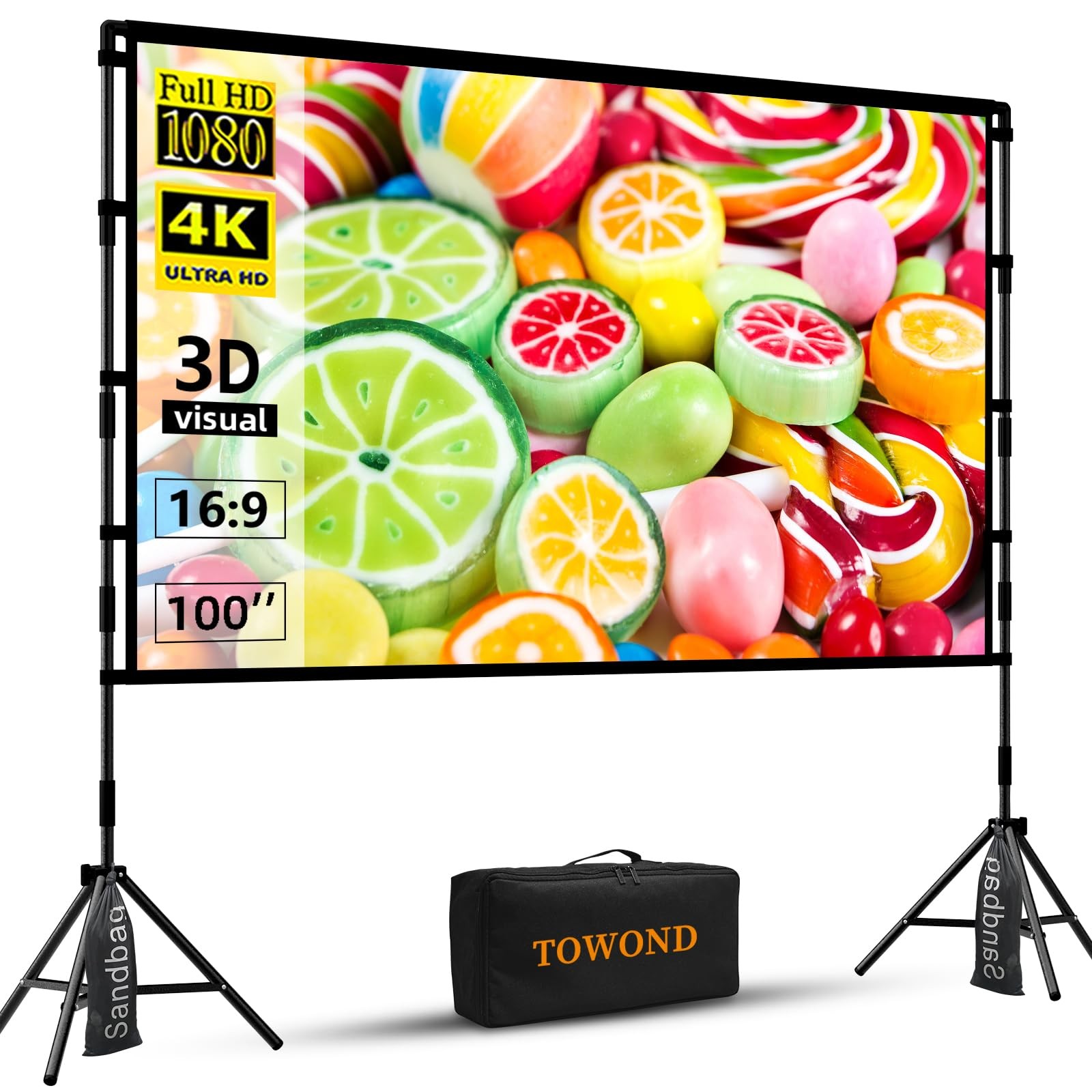 TOWOND Projector Screen with Stand 100in 16:9 4K Outdoor Indoor Portable White