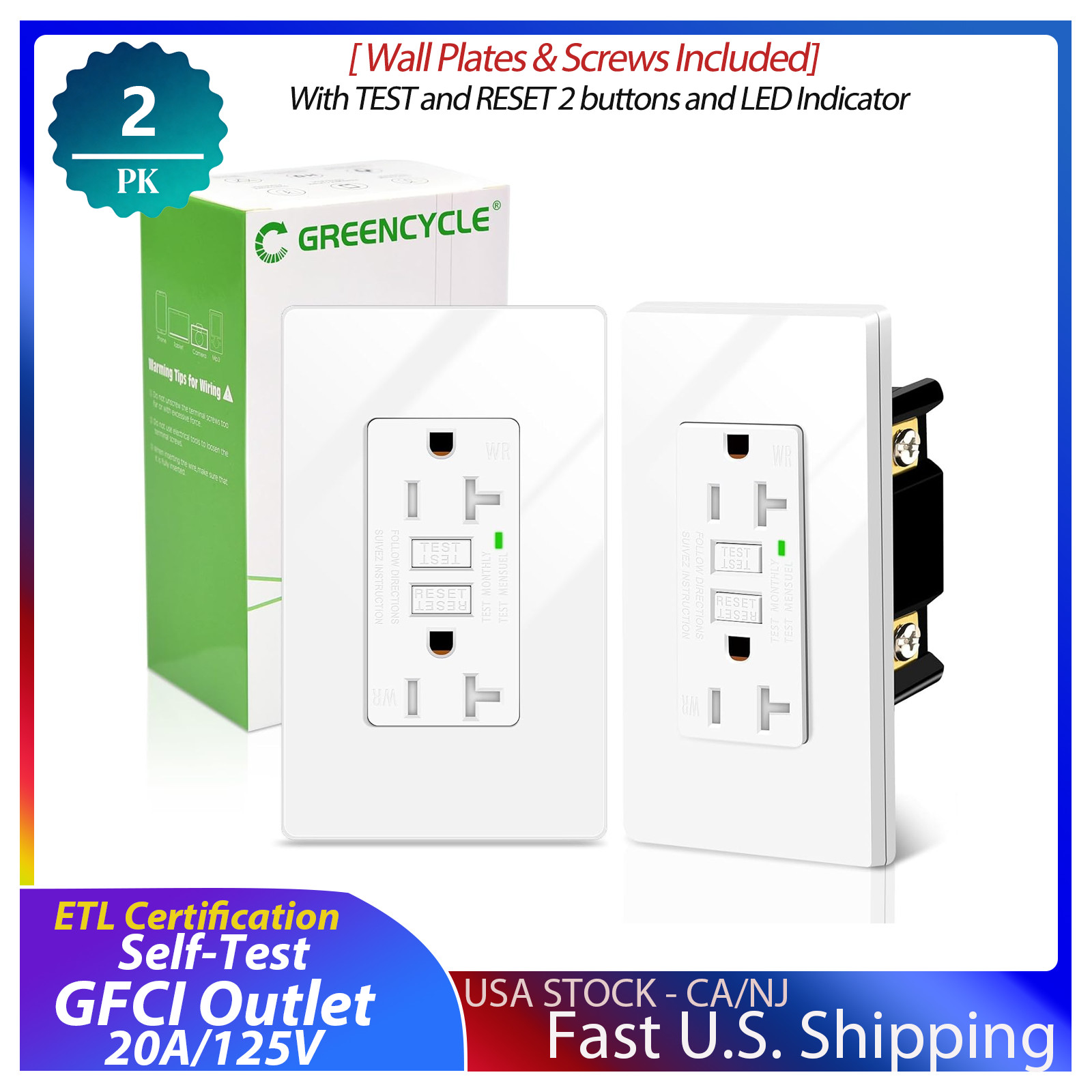 2PK GFCI 20A Self-Test Electrical Outlet,Weather Resistant Duplex Receptacle,ETL