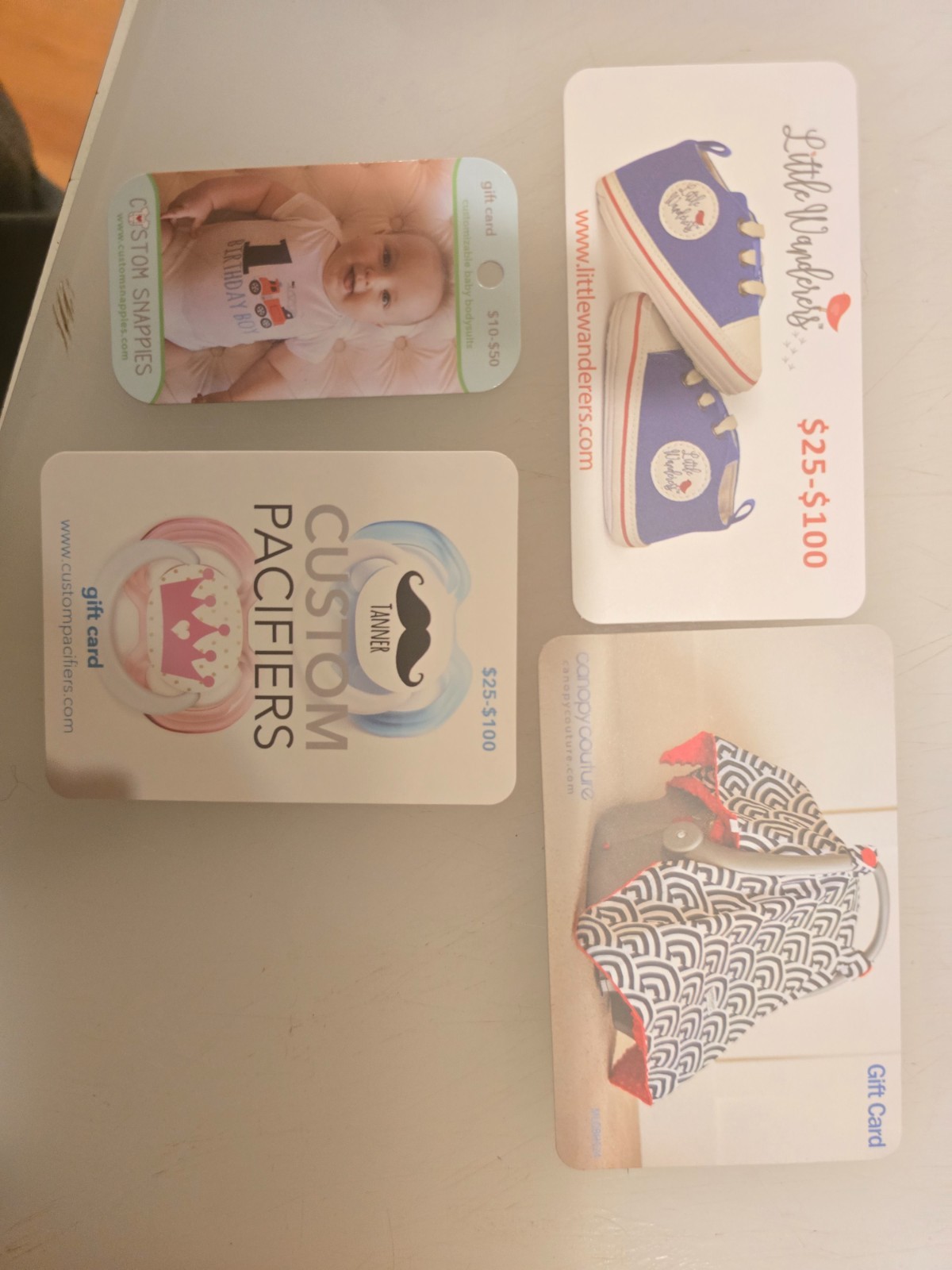 Baby $190 Gift Card Bundle of 4 Different Cards Custom Pacifiers & Snappies