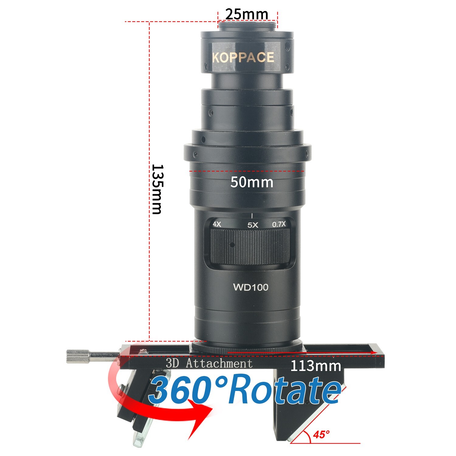 KOPPACE 19X-136X 3D Industrial Microscope Lens 360° Rotating 2D/3D Freely Switch