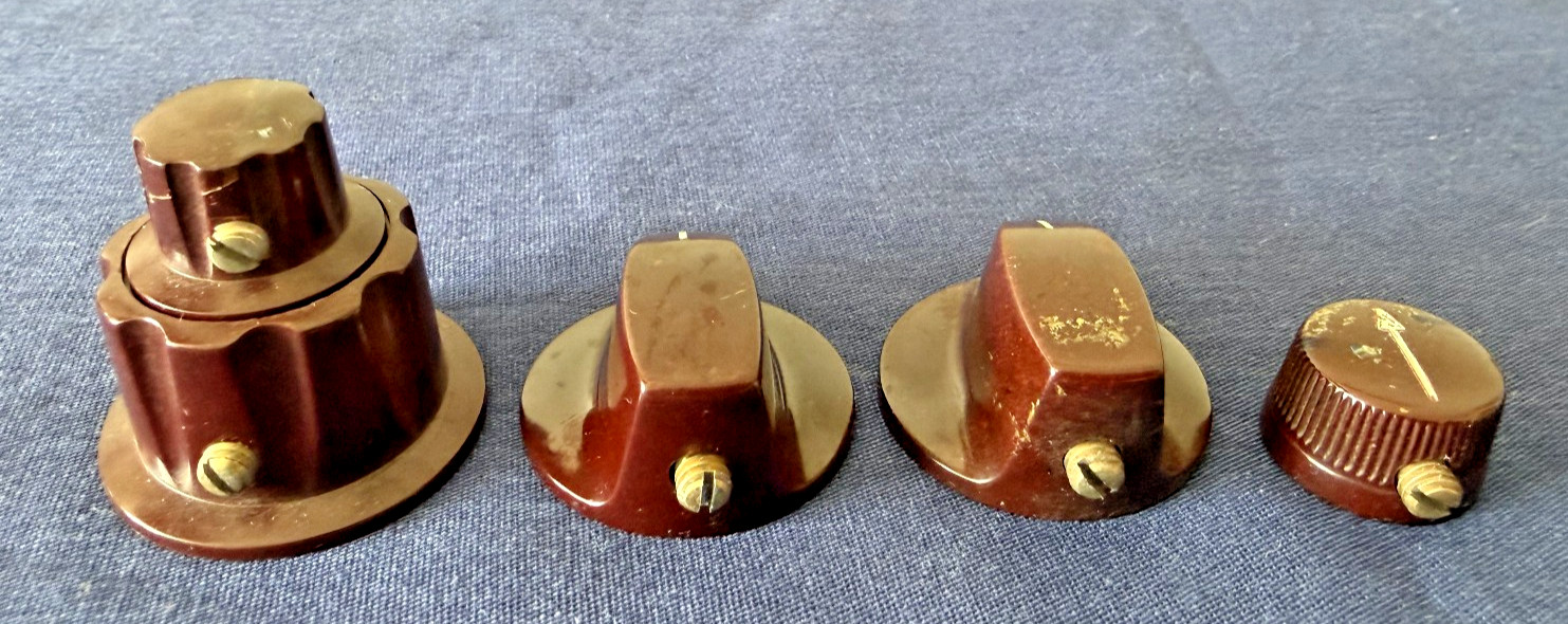VTG lot Daka-Ware Brown Bakelite Knobs pointer fluted dual stacked concentric