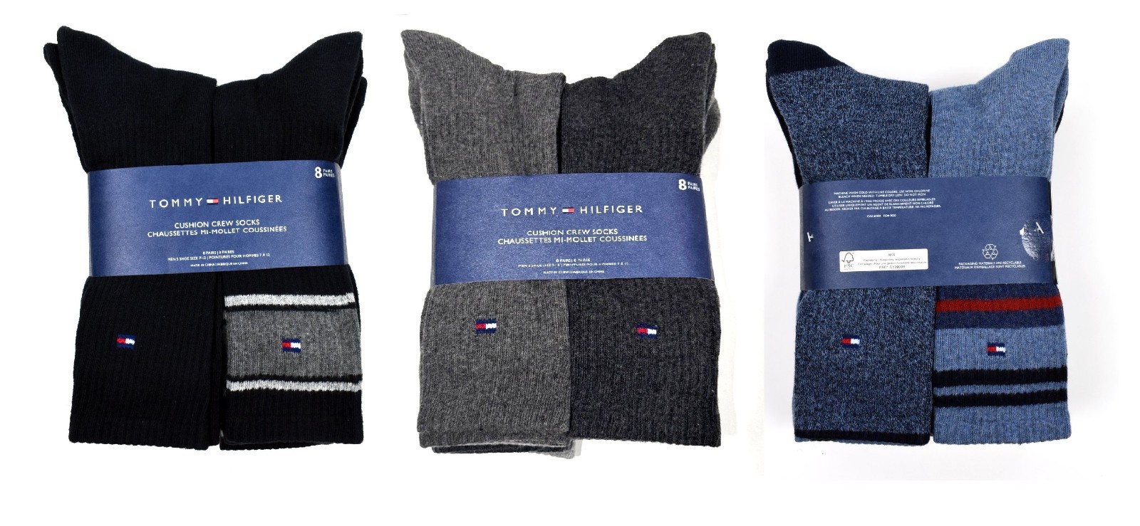 Tommy Hilfiger Men's Cushion Crew Socks 8 Pairs, Fit Men's Shoe Size 7-12