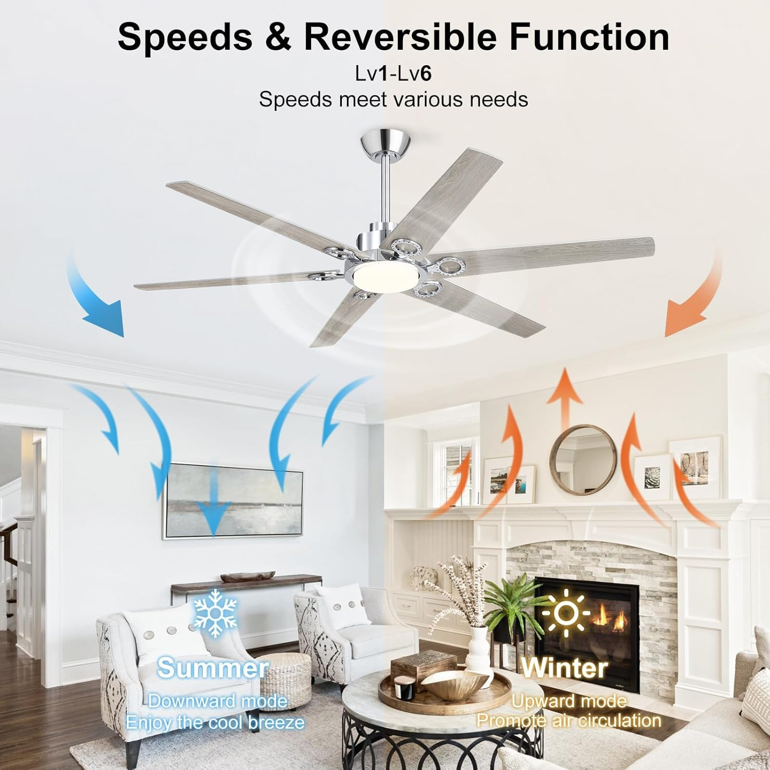 64" Modern Ceiling Fan with Remote, Dimmable Light & 6-Speed Motor