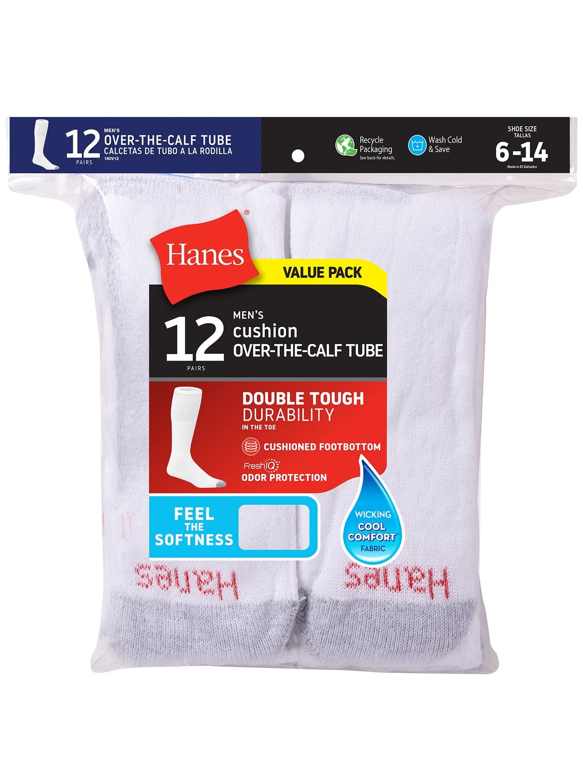 Hanes Men's Double Tough Durability Over-the-Calf Tube Socks, 12-Pack