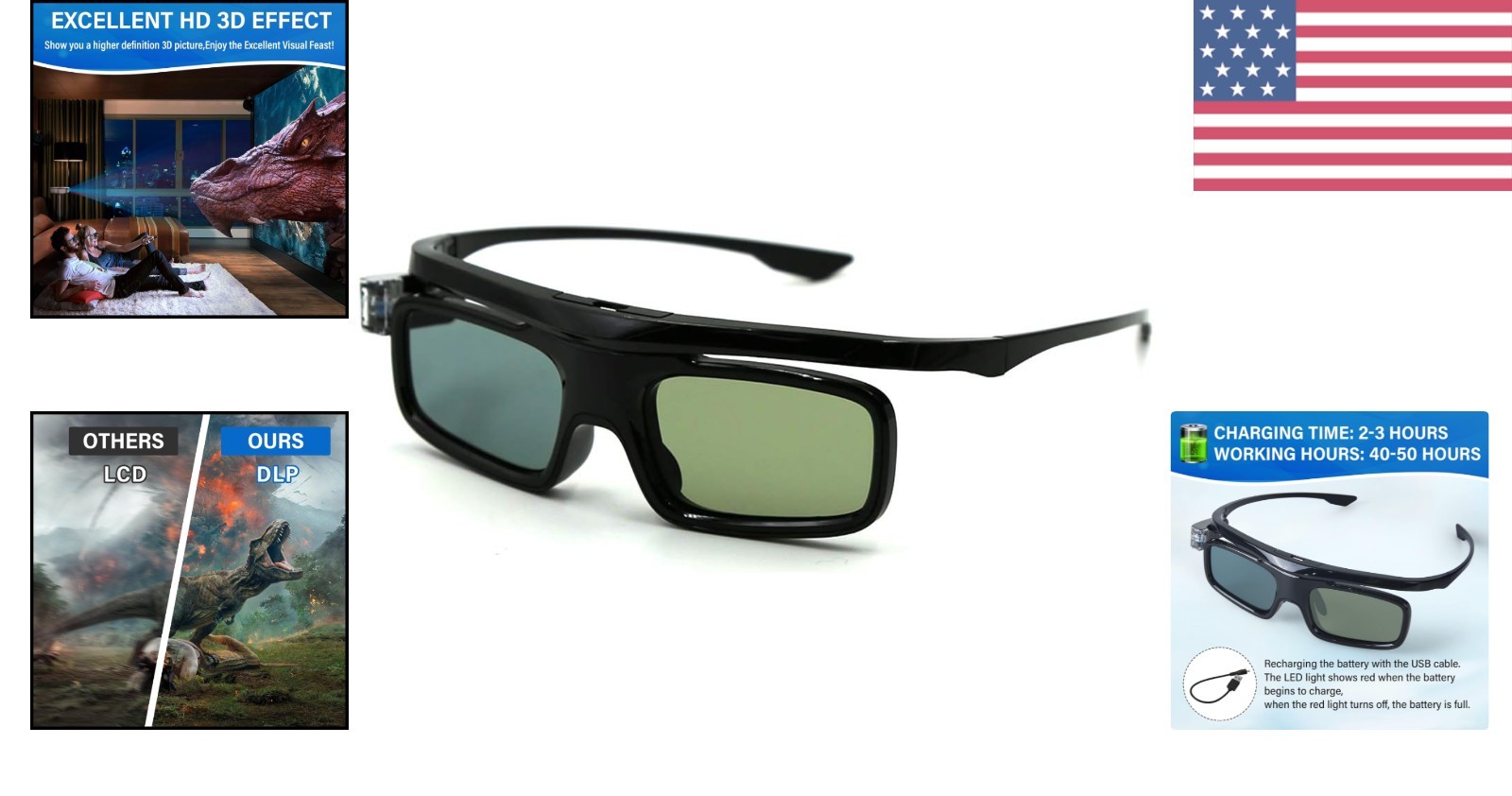 Versatile 3D Glasses with Rechargeable Design - Compatible with DLP-Link Tech