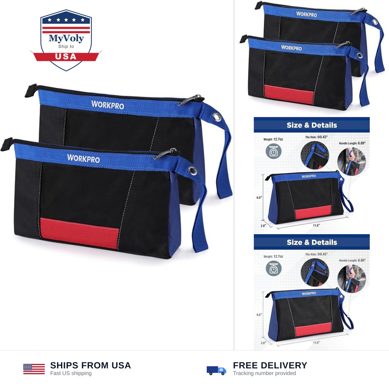 WORKPRO 12" Tool Bag Pouches, 2 Pack Zipper Organizer Bags with Mesh Window |...