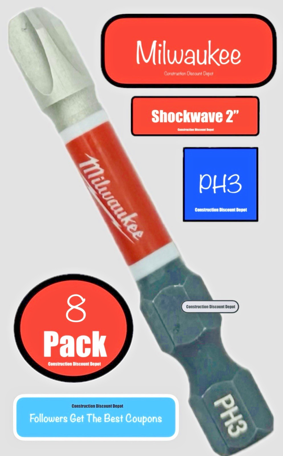 8 Pack PH3 2" Milwaukee Shockwave Impact Drill Bit Set Phillips #3 Screw Driver