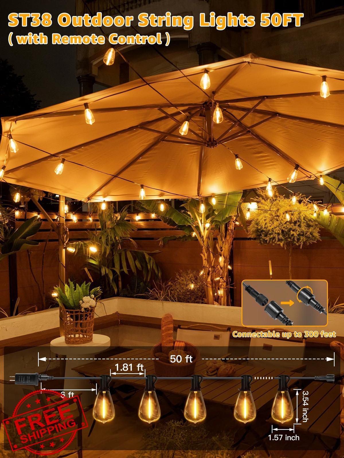 Outdoor String Lights Dimmable 50FT Remote Waterproof Shatterproof Patio