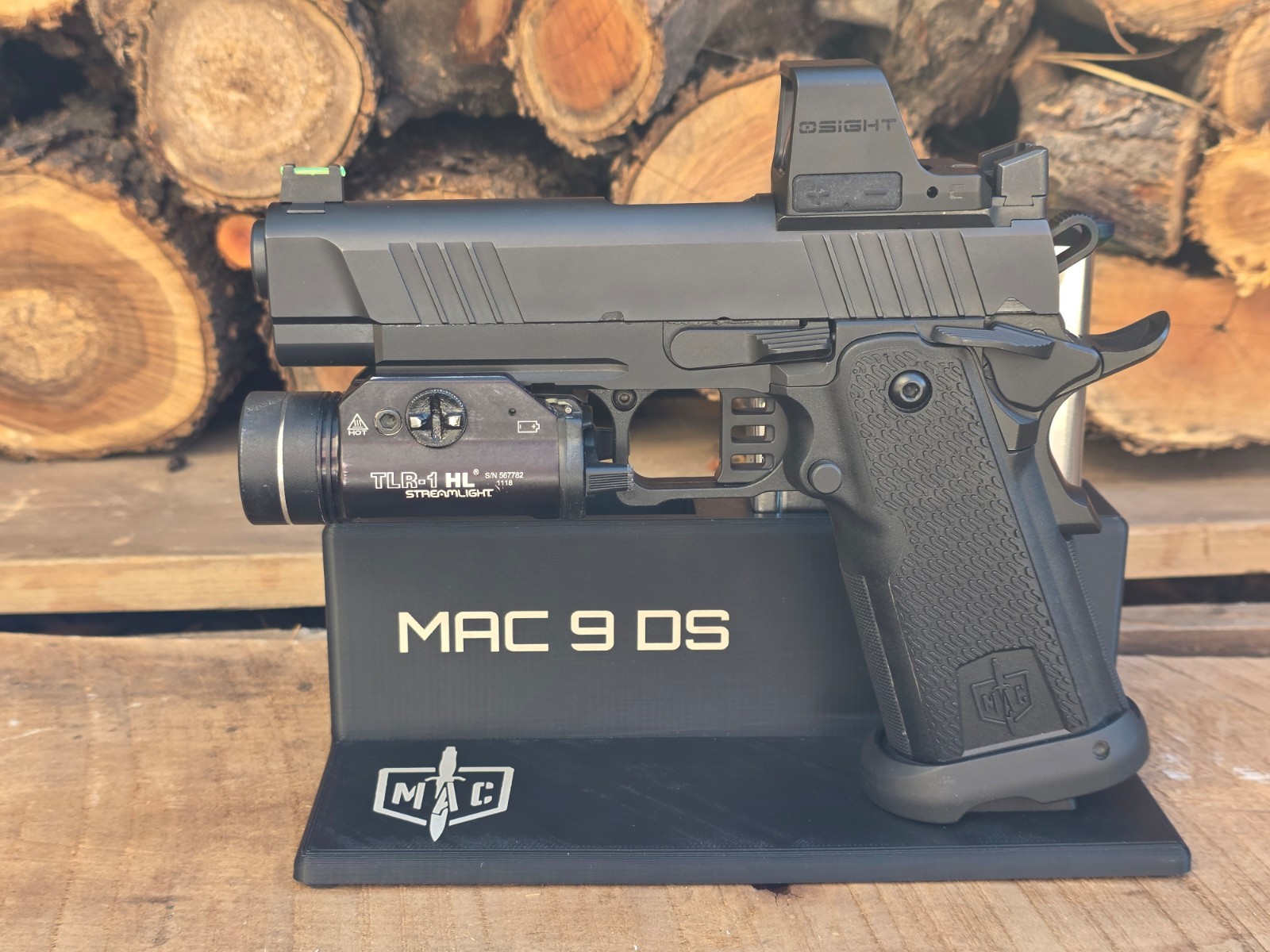 MAC 9 DS 1911 / 2011 Pistol Display Stand - Holds 4 Mags - Laser Etched Text