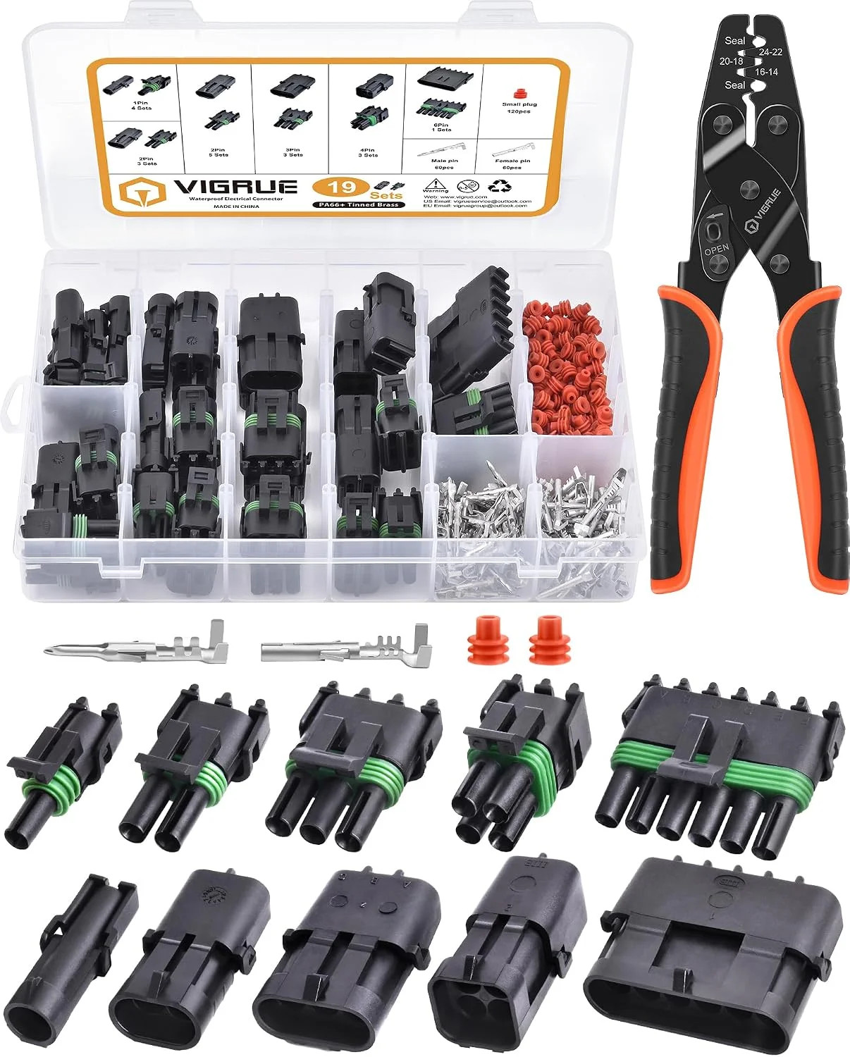 Waterproof Weatherpack Connector Kit with Ratcheting Crimping Tool | 19 complete