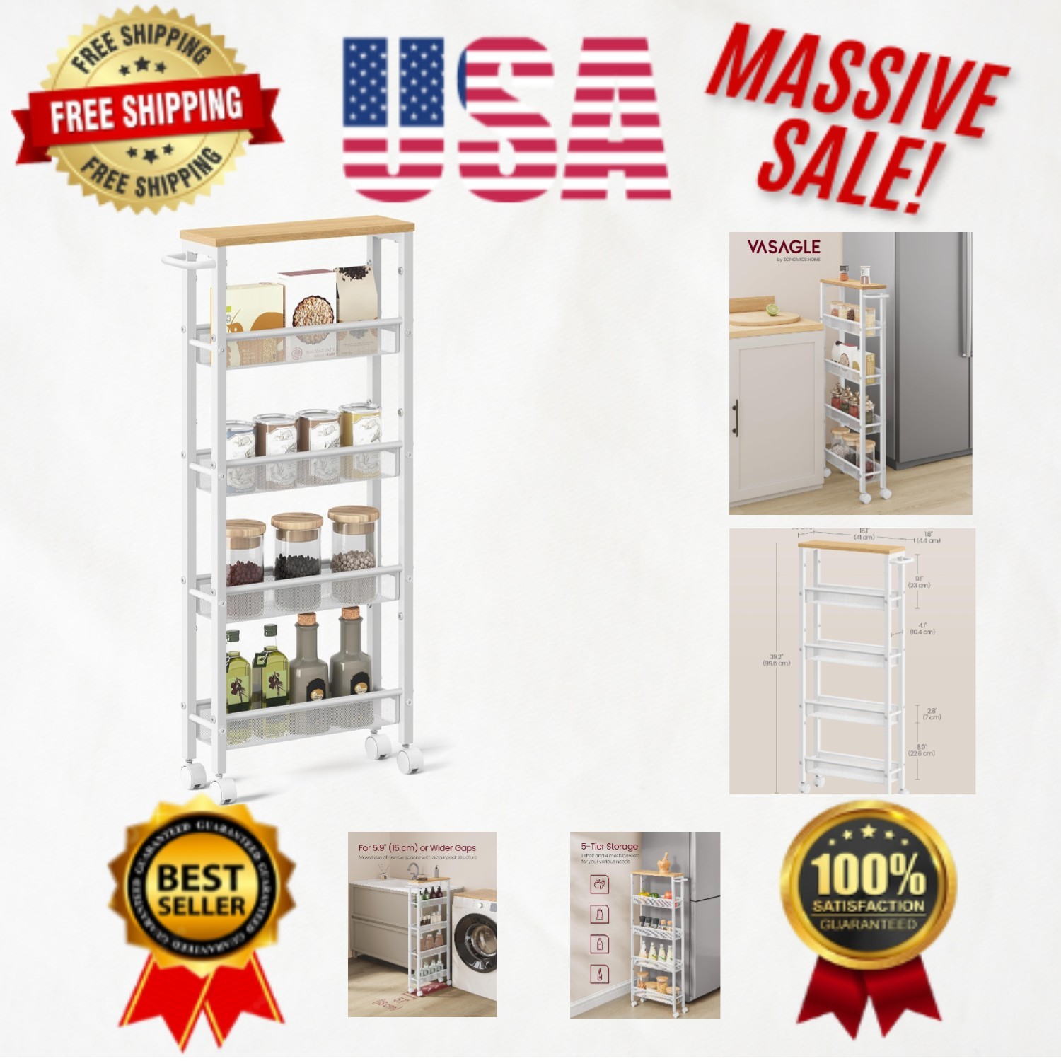 Space-Saving 5-Tier Slim Rolling Cart - Perfect for Home Office & Kitchen