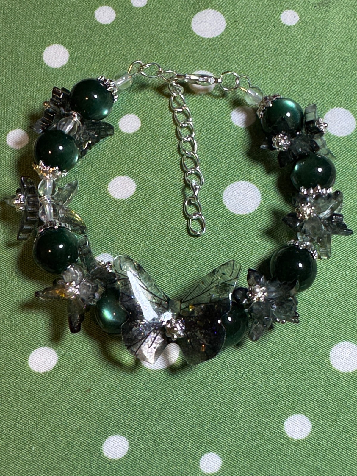 Handmade Dark Green w/ Butterfly Flower Beaded Bracelet Silver