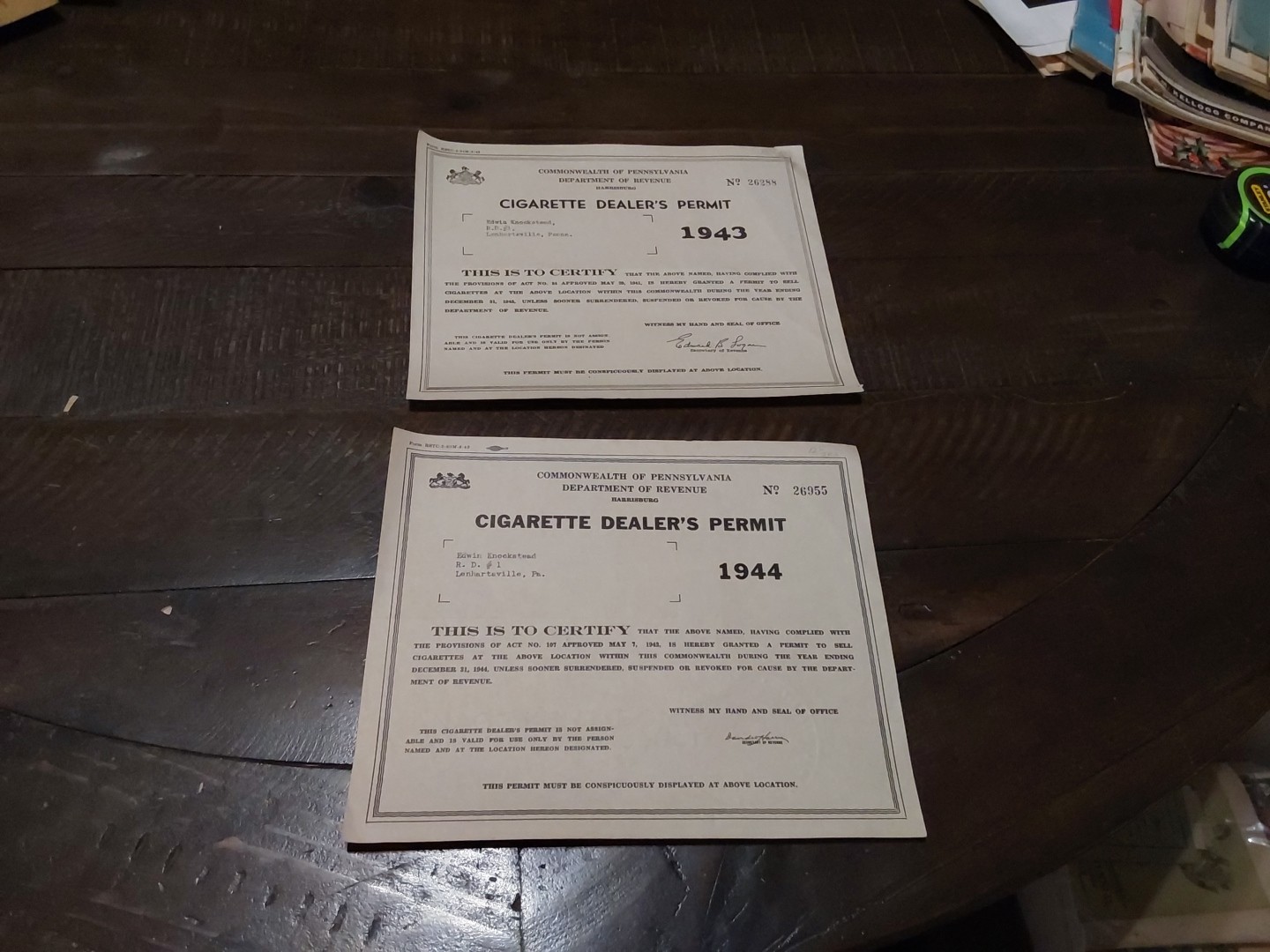 1943 44 Commonwealth of PENNSYLVANIA CIGARETTE DEALER'S PERMIT LENHARTSVILLE PA