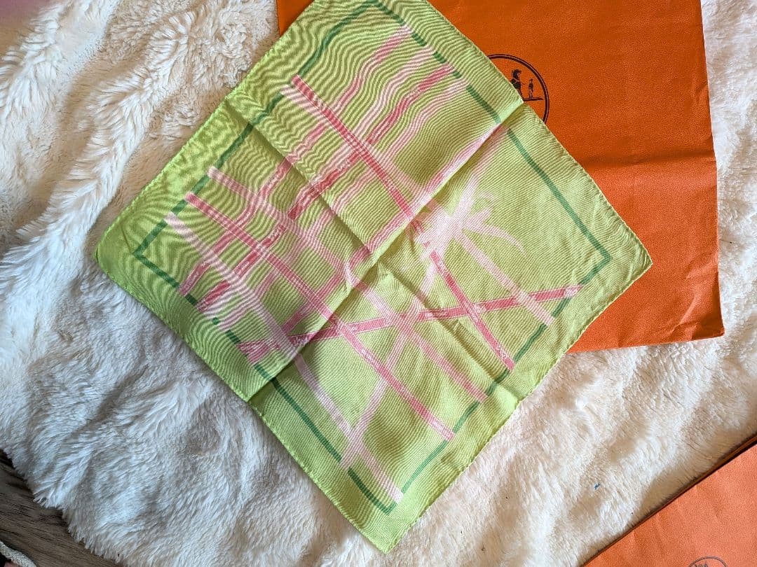 Cleaned Hermes Carre 45 Bolduc Ribbon Pattern Yellow Green Pink