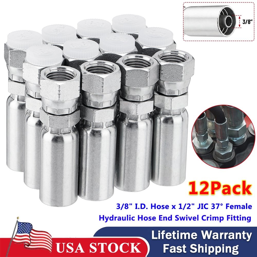 12 PACK Hydraulic Hose End Fittings: 3/8" I.D. Hose x 1/2" JIC 37° Female Swivel