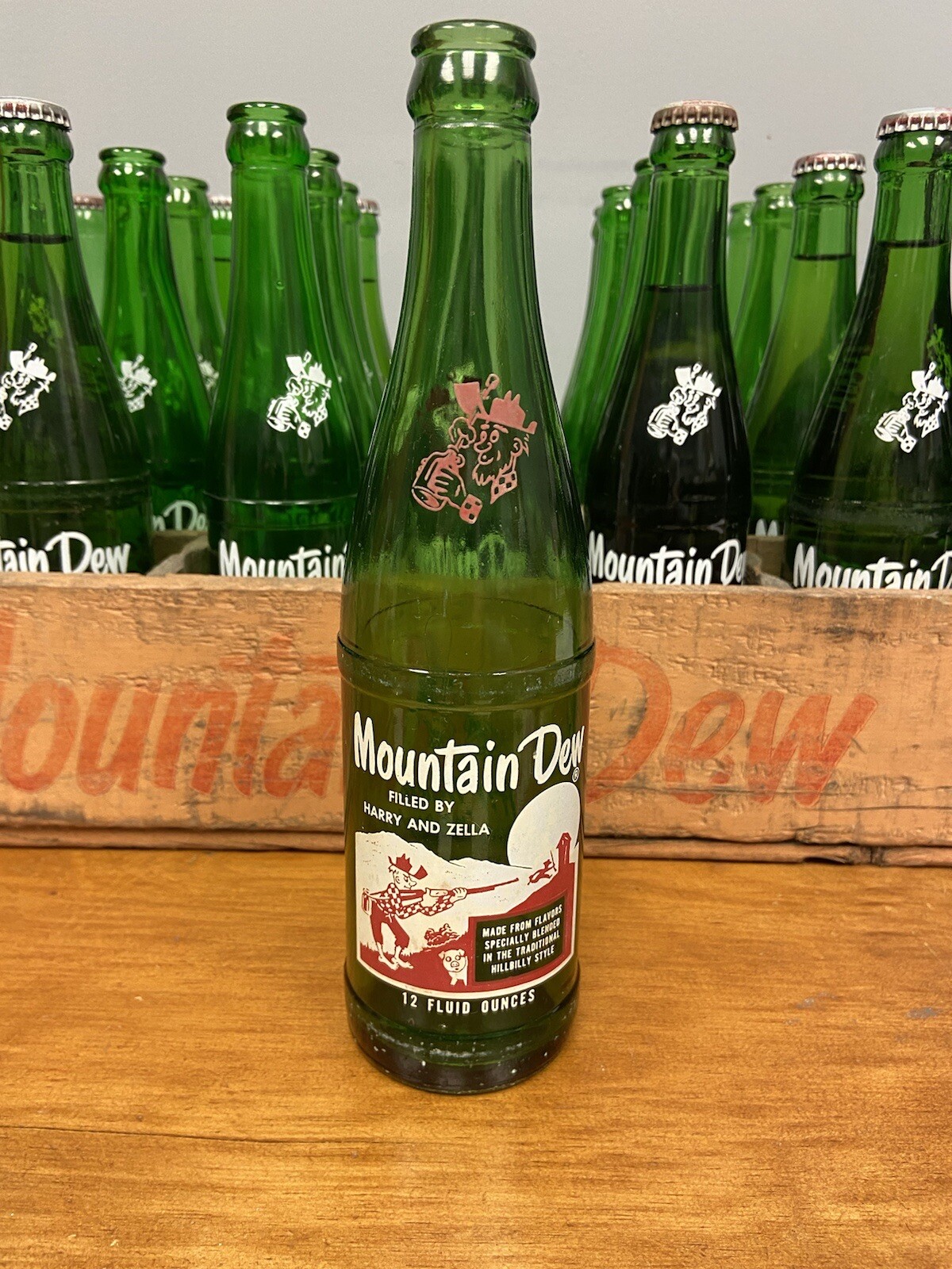 RED HEAD Mountain Dew Vintage Bottle "FILLED BY HARRY AND ZELLA" 