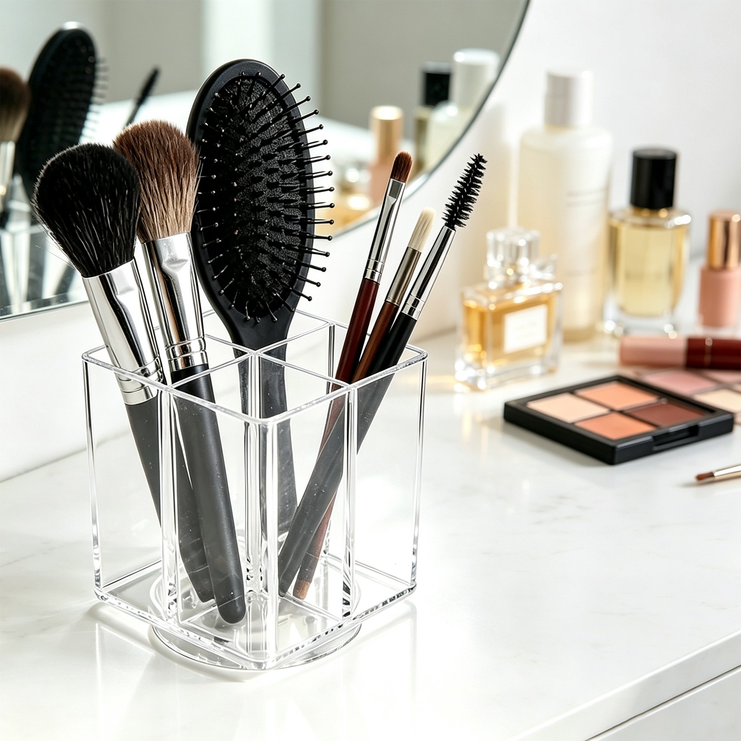 360° Rotating Clear Acrylic 4-Compartment Organizer for Cosmetics & Brushes