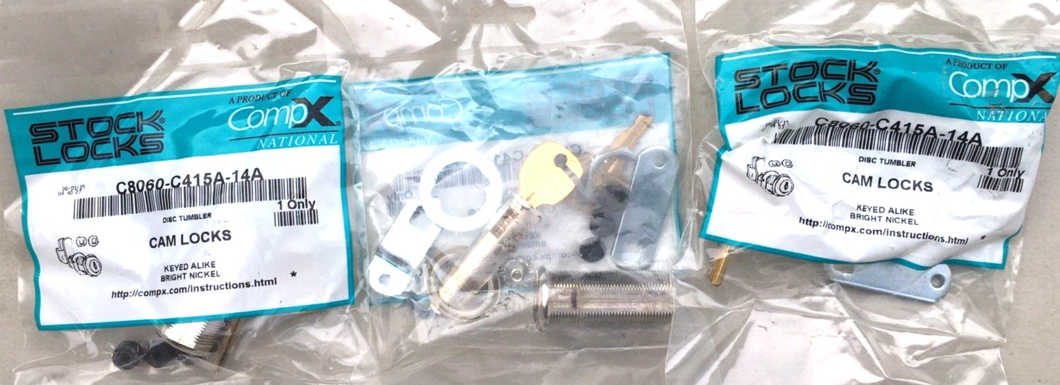 (3) CompX C8060-C415A  Cam Lock 1 3/4" Keyed Alike  Bright Nickel USA MADE