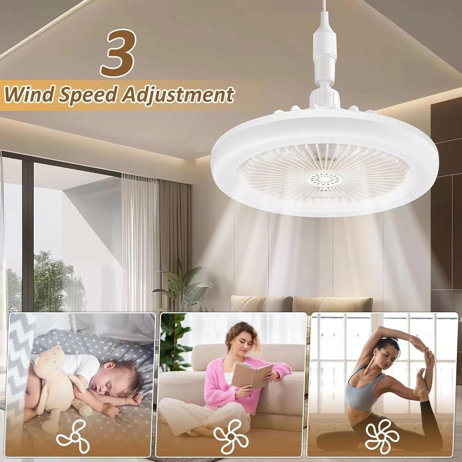10" Adjustable E27 Socket Ceiling Fan Light 3-Color Temp LED Chandelier w/Remote