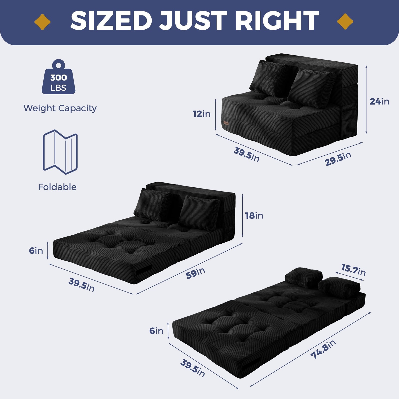 MAXYOYO Convertible Sofa Bed Fold Out Couch with Pillow MSF1BKUS100