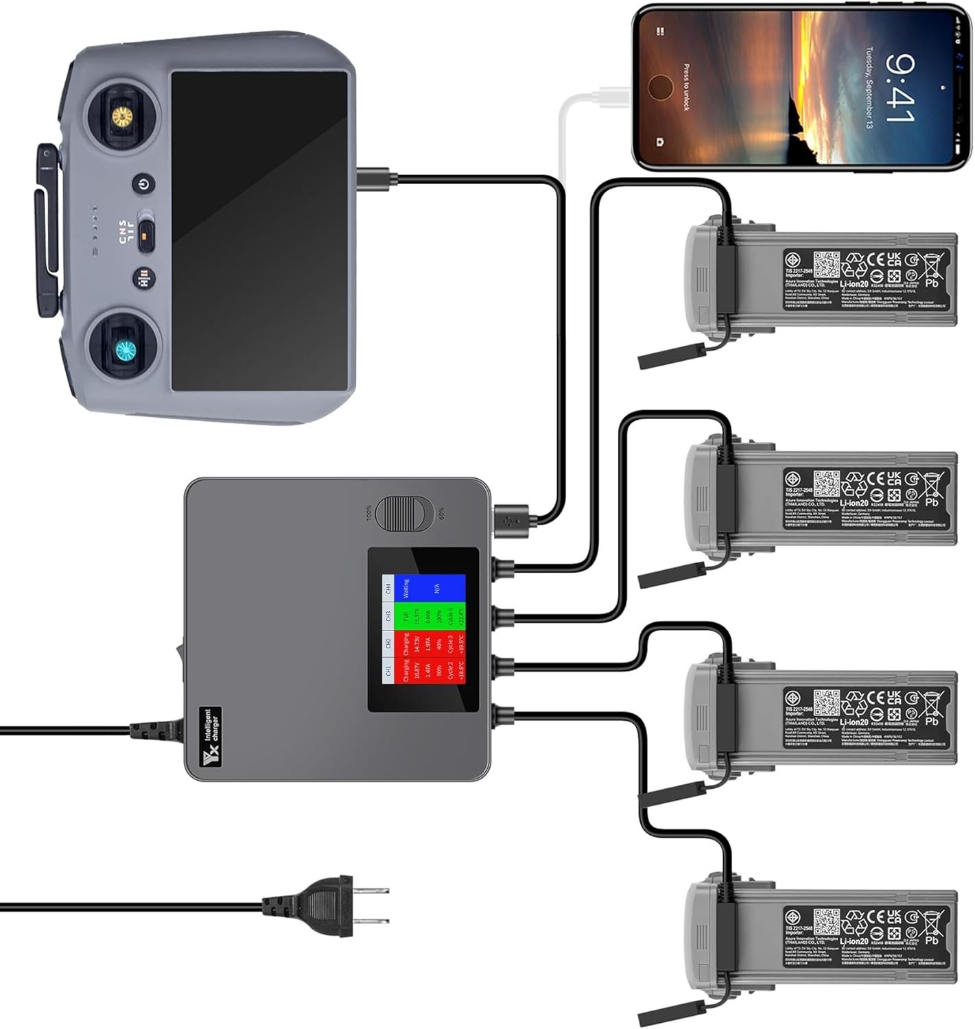 Display Battery Charger for DJI Air 3 & 3S,Full and Storage Charge, LCD 6 in 1 M