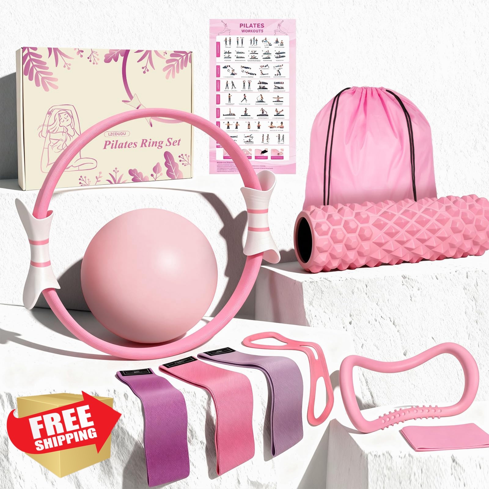 LZCDUDU Pilates Ring Kit Pink 14" Foam Roller