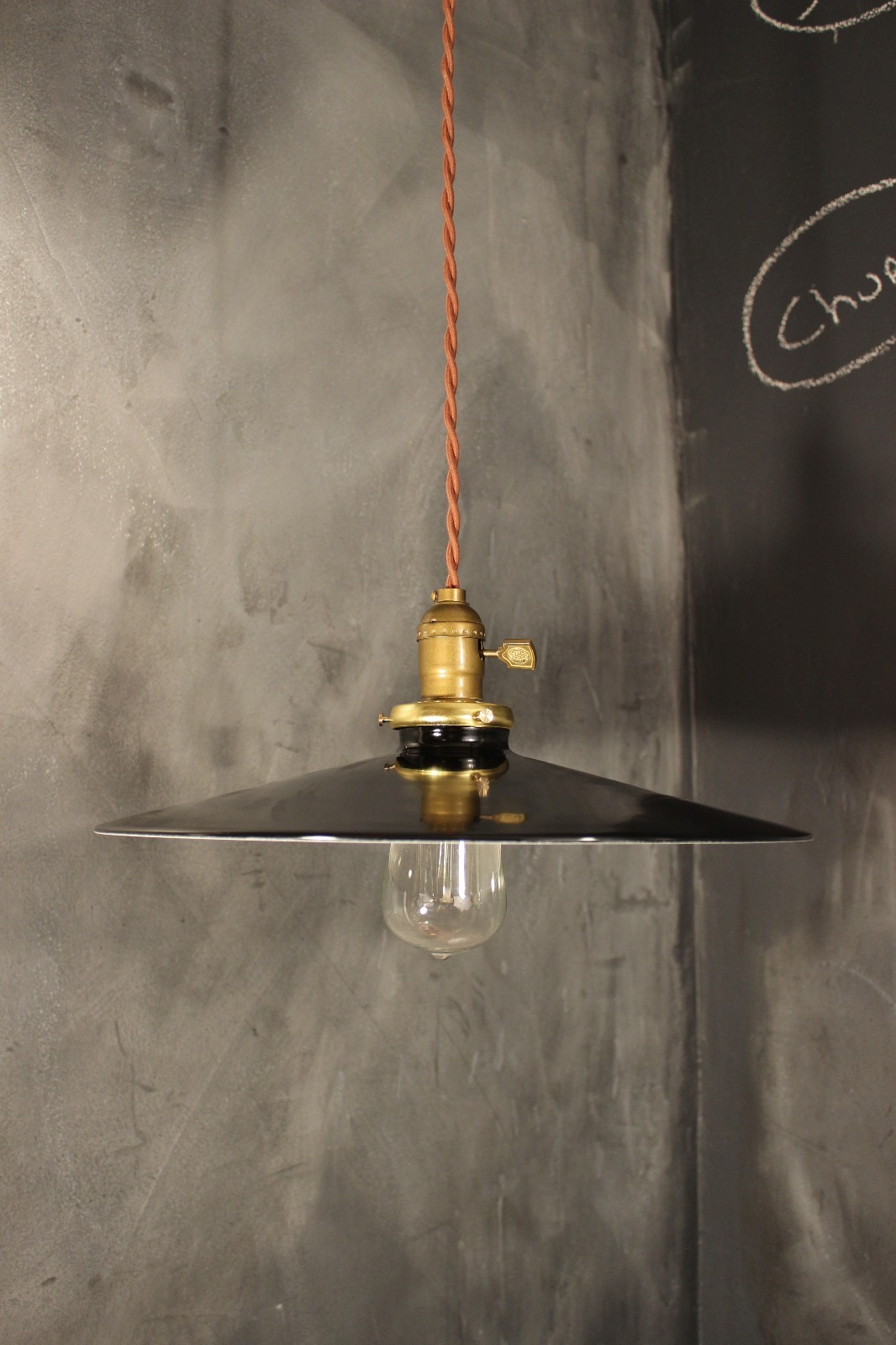 Vintage Industrial Pendant Light with Flat Steel Lamp Shade - Large 14" Diam.