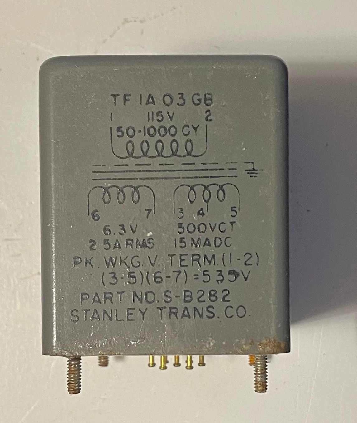 Power transformer Stanley 500 vct 15ma 6.3v 2.5A. Military Surplus Never used.